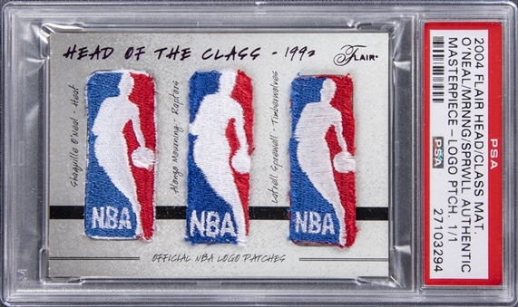 2004 Flair Head of Class Masterpiece #HOCPSQAMLS ONeal/Mourning/Sprewell Triple Logoman Patch Card (#1/1) - PSA Authentic